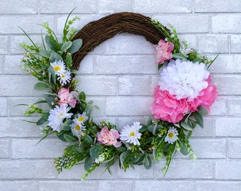 Spring Floral Wreath/Spring Grapevine Wreath/Pink White Flower Wreath/Pink and Daisy Flower Wreath/Spring Front Door Wreath/Farmhouse Wreath