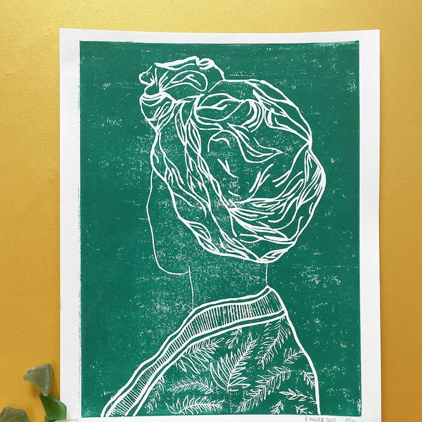 Linogravure femme portrait vert