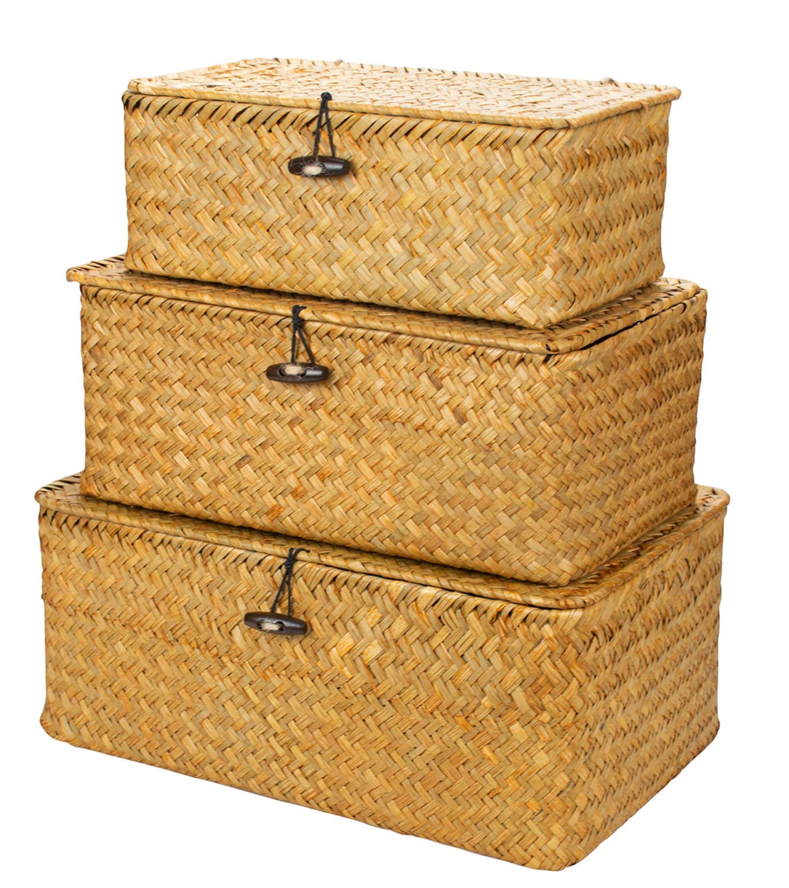 Woven Wicker Storage Bins with Lid Set of 3 Rectangular Etsy