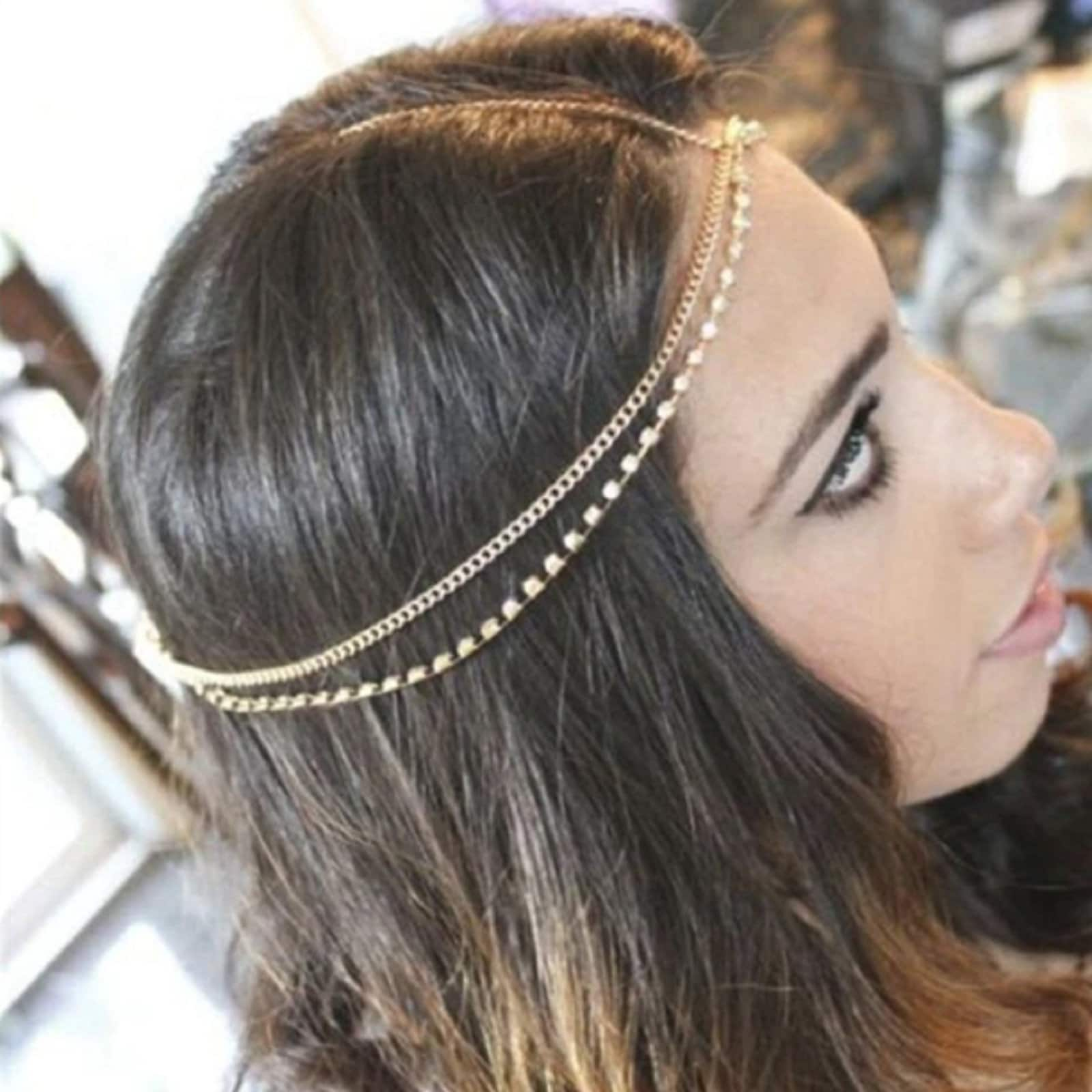 Rhinestone Chain Head Dress, Metal Head Chain, Gold Hair Chain Jewelry, Unique Fashion Wigs, Festival Head Piece, Silver Fashion Head Chain