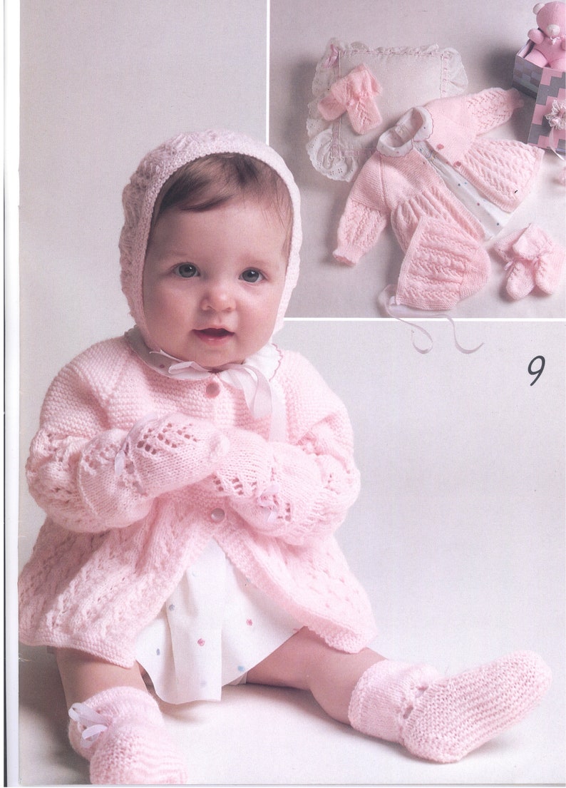 Baby Boy Girl 4 Ply Jacket & Accessories Mittens Bootees Bonnet Knitting Pattern Size 16, 18, 20 Instant download image 2