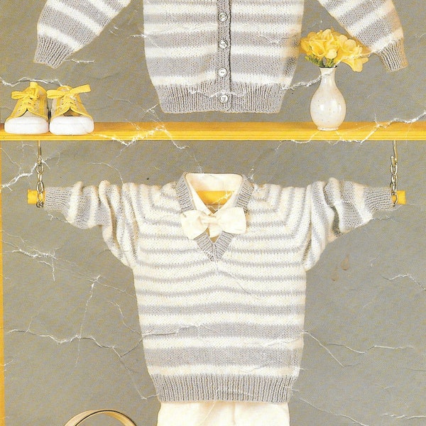 Easy Knit Baby Toddlers Cardigan & V-Neck Jumper/Sweater Double Knitting DK 8 Ply  Knitting Pattern - Size - 18-26"    Instant download