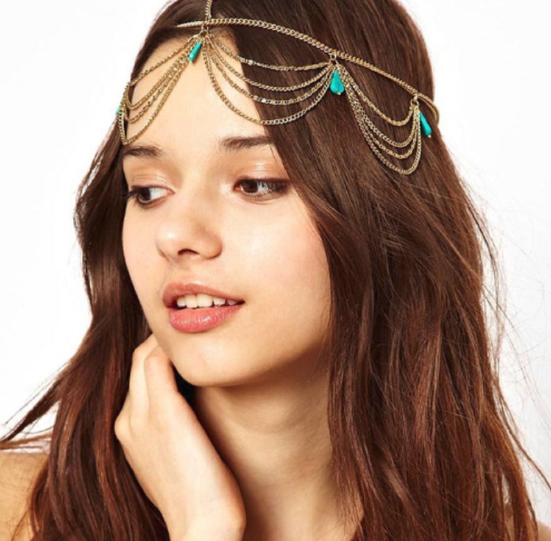 3 Designs Festival Hippy Boho Indian Headpiece Hair chain Jewellery Crystal Turquoise Gold Disc