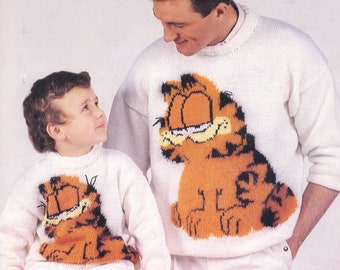 Vintage Garfield DK Knitting Pattern  - Size  24" - 42"     Instant download