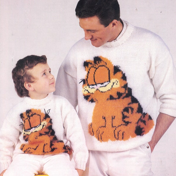 Vintage Garfield DK Knitting Pattern  - Size  24" - 42"     Instant download