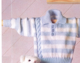 Baby / Child Blue White Striped Cable Jumper DK Double Knitting.   Knitting Pattern - Size - 16" - 24"     Instant download
