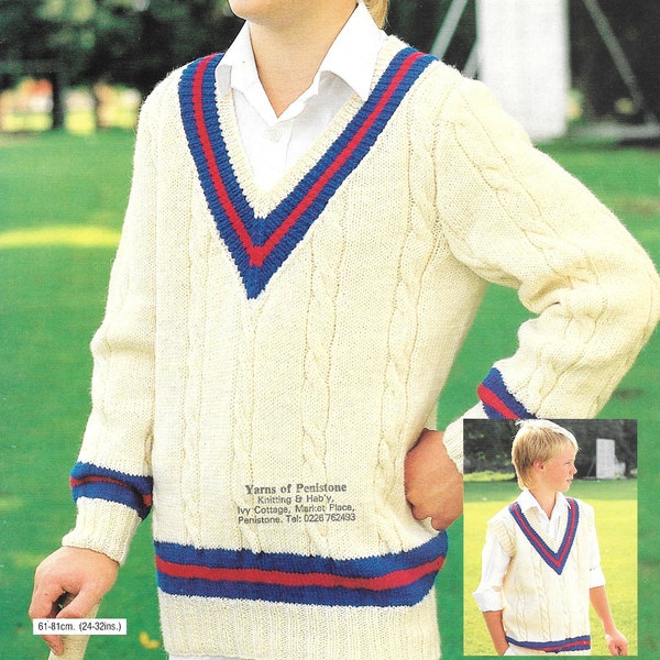 Vintage Knitting Pattern Childs Cable Cricket Jumper & Tank Top/Slipover/Sleeveless Jumper  DK 8 Ply - Size  24-32" Instant download