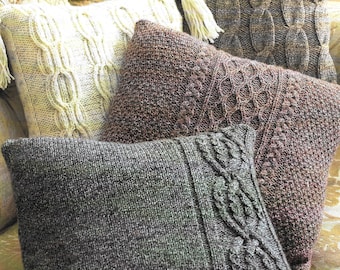 Aran Knitted Cushion Covers - 4 Designs in Cable Stitches - 16 x 16" / 41 x 41cms  Knitting Pattern  - Size  22-32"/56-81cm Instant download