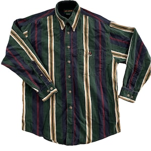 Camisa Oxford vintage de cuello redondo con rayas verdes y azules para hombre, años 90, estilo preppy, talla mediana