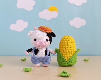 Amigurumi Farmer Cow Crochet Pattern: Corn & No-Sew Tutorial (PDF)