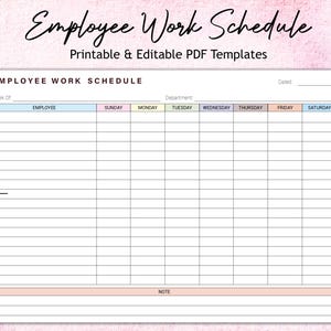 Può includere: Un modello di programma di lavoro dei dipendenti stampabile con uno sfondo rosa. Il modello include spazi per la settimana di, il dipendente, il reparto e i giorni della settimana. C'è anche uno spazio per le note.