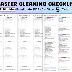 May include: A printable cleaning checklist with five different color options. The checklist is divided into sections for the whole house, bathroom, bedroom, kitchen, office, laundry, entryway, living room, dining area, and outside. Each section has a list of cleaning tasks with checkboxes.