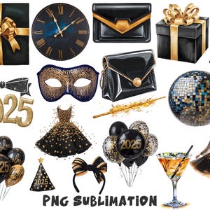 Girly new year png, girly clipart,New Year Celebration Clipart Set,Party Graphics for New Year’s Eve,Black and Gold Party png,Black And Gold