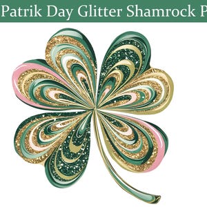 May include: A green, gold, and pink glitter shamrock with a swirl pattern.