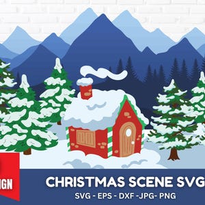 Christmas scene svg, Christmas village Svg holiday winter Svg festive scene Svg Christmas tree Svg snowflakes Svg winter svg bundle