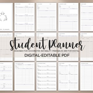 Op de afbeelding: Een zwart-witte studentenplanner met de tekst "Student Planner" en "Designed for Goodnotes, Notability, Printables and for Digital, Digital-Editable PDF".
