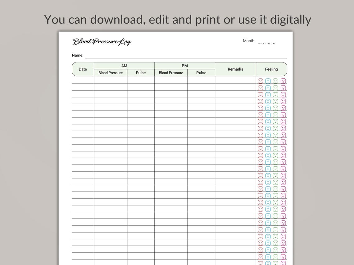 Blood Pressure Log Editable Printable, Blood Pressure Tracker, Medical ...