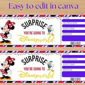 Printable Disneyland Surprise Trip Ticket Template, Surprise Reveal Gift Voucher, Vacation Trip Ticket, Canva Editable, Instant Download