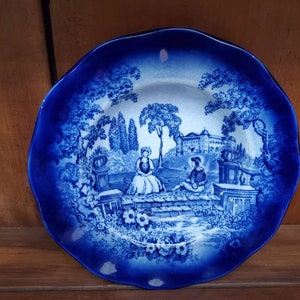 8.75&quot; Flow Blue English Staffordshire Porcelain China Soup Bowl  - Romantic Design 1890&#39;s