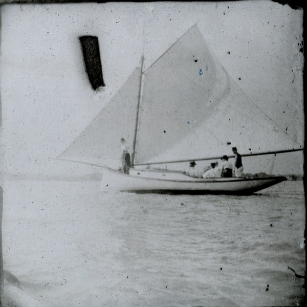 289 Sailboat and People - Antique Glass Slide Panel - HYALOTYPE