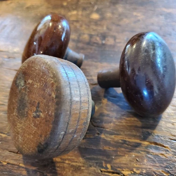 Lot of 3 Victorian Brown Ceramic and Wooden Door Knobs  - ARCHITECTURAL SALVAGE - Historic Restoration!