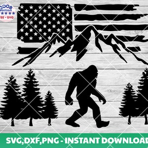 Bigfoot us flag in forest SVG, Mountain SVG, Nature Scene SVG, Camping svg, Sasquatch svg,Sasquatch Svg, Woods Svg,American flag svg, Cricut