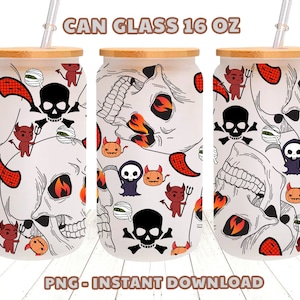 Cráneo de fuego caliente fuego diablo calabaza de halloween para Libbey 16oz Can Vaso vaso de vidrio Diseño de sublimación, puede dar forma de vidrio, Descarga digital PNG