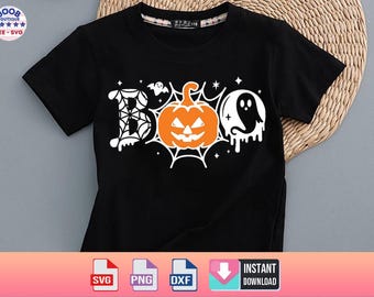 May include: A black t-shirt with a white graphic design of a pumpkin, ghost, and spider web. The graphic says "BOO" with the pumpkin forming the "O".