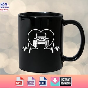 May include: A black coffee mug with a white design of a Jeep inside a heart with a heartbeat line below. The mug is on a blurred background of white and gold circles.