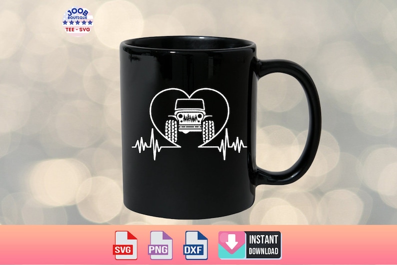 May include: A black coffee mug with a white design of a Jeep inside a heart with a heartbeat line below. The mug is on a blurred background of white and gold circles.