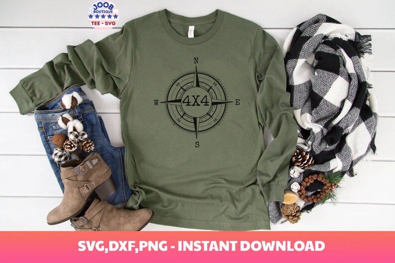 May include: A green long-sleeved shirt with a black compass design featuring the text "4X4" in the center. The compass points are labeled N, S, E, and W.