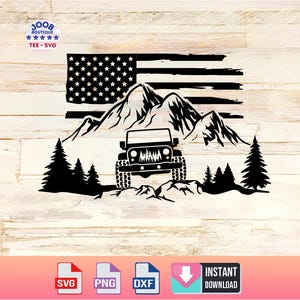 Könnte beinhalten: Schwarze und weiße Silhouette eines Jeeps, der durch eine Bergkette fährt, mit einer amerikanischen Flagge im Hintergrund.