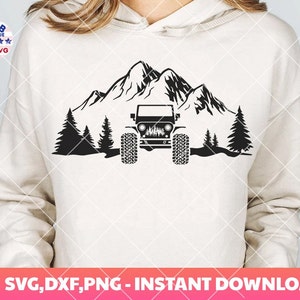 May include: Black and white silhouette of a Jeep driving through a mountain range with trees on either side.