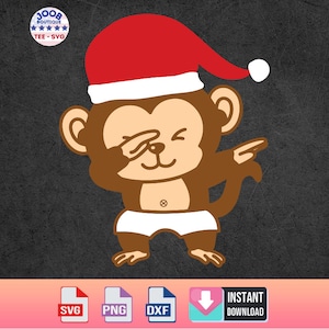 May include: A brown monkey wearing a red Santa hat with a white pom-pom, is doing the dab dance. The monkey is wearing a white diaper.