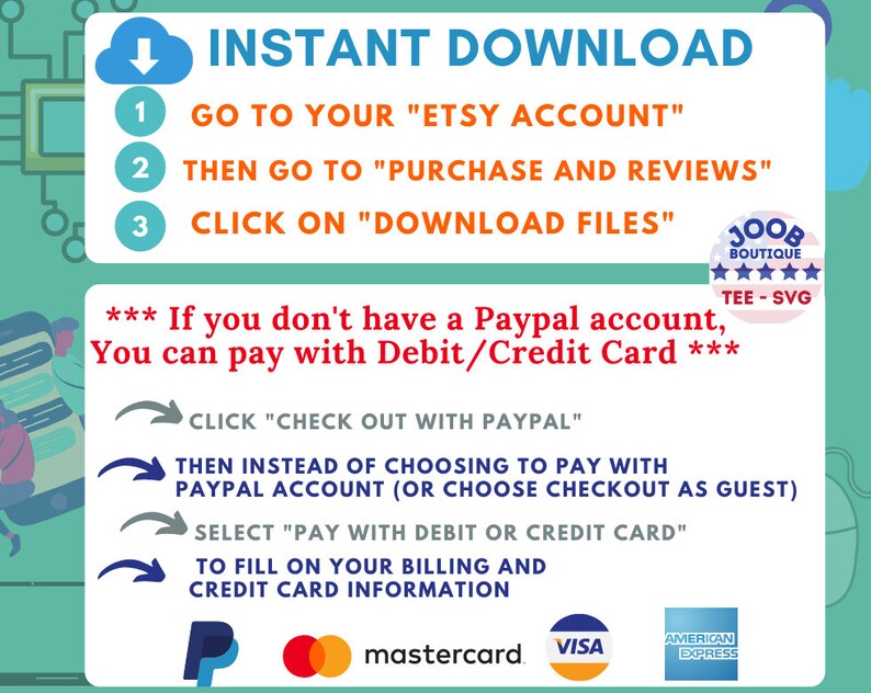 May include: A graphic with instructions on how to download a digital file from Etsy. The graphic includes a cloud with a downward arrow, numbered steps, and a logo for a shop called "Joob Boutique".