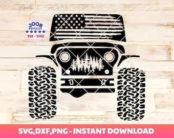 Könnte beinhalten: Schwarze Silhouette eines Jeeps mit einer abgenutzten amerikanischen Flagge auf der Windschutzscheibe und einer Reihe von Bäumen auf dem Kühlergrill. Der Jeep hat große, schwarze Reifen mit einem Profil.