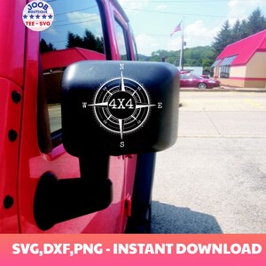May include: A black and white compass with the text "4X4" in the center. The compass is mounted on a red Jeep Wrangler. The compass is a digital download file.