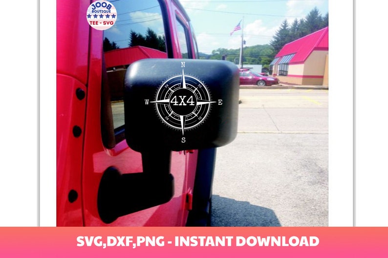 May include: A black and white compass with the text "4X4" in the center. The compass is mounted on a red Jeep Wrangler. The compass is a digital download file.