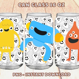 May include: Three 16 ounce glass can cups with a ghost pattern and a different cartoon character on each. The characters are a yellow monster, a blue robot, and an orange monster.