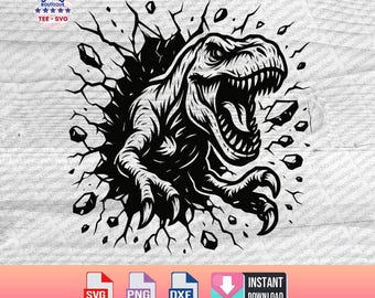 May include: Black and white graphic of a Tyrannosaurus Rex bursting through a wall, with jagged edges and debris. The image includes the text "JOOB BOUTIQUE TEE-SVG" and icons for SVG, PNG, and DXF file formats, plus an "INSTANT DOWNLOAD" icon.