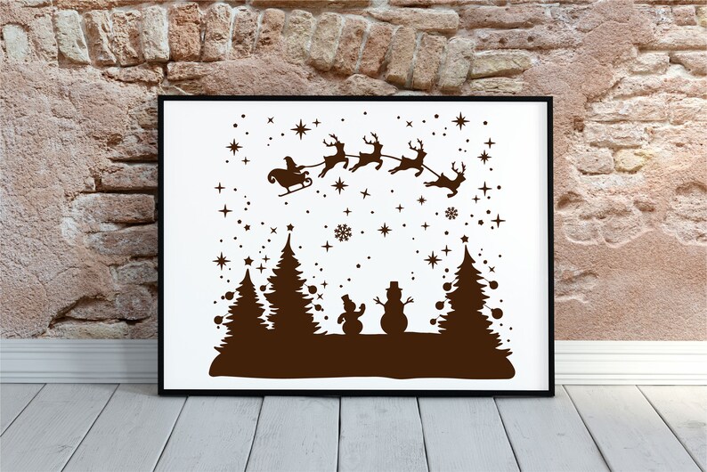 Christmas Night Tree SVG, Santa Sleigh SVG, Snowman Svg Scene, Reindeer ...