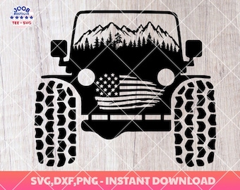 Könnte beinhalten: Schwarze Silhouette eines Jeeps mit einer Bergszene in der Windschutzscheibe und einer amerikanischen Flagge auf dem Kühlergrill. Der Jeep hat große, stollige Reifen.