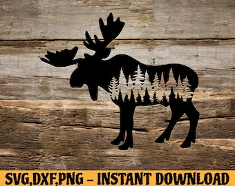 Moose In Forest Svg, Moose And Mountains, Moose Scene Svg, Forest Scene Svg, Mountain Forest Svg,Adventure,  Svg File, Svg Files for Cricut