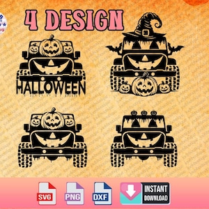 Puede incluir: Cuatro diseños en blanco y negro de un Jeep con una cara de calabaza. El Jeep tiene una calabaza en el techo y el texto "Halloween" está escrito debajo del Jeep.