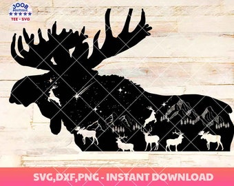 Moose In Forest Svg, Moose And Mountains, Moose Scene Svg, Forest Scene Svg, Mountain Forest Svg, Woodland Animal png, Svg Files for Cricut