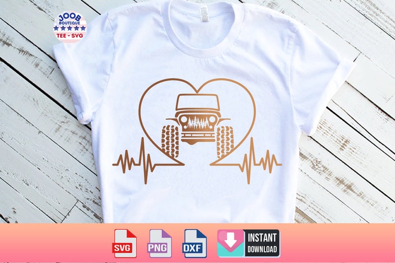 May include: A white t-shirt with a brown heart-shaped outline containing a jeep silhouette. The jeep has a brown grill and brown tires. A brown heartbeat line is below the heart.