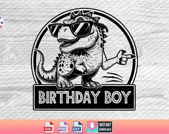 May include: Black and white illustration of a dinosaur wearing sunglasses and pointing to the right. The dinosaur is in a circle with the text "Birthday Boy" below it.