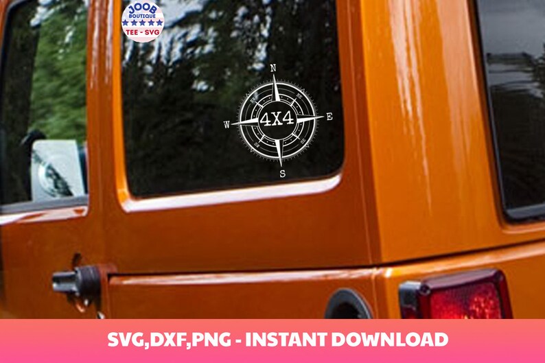 May include: A white compass with a black 4x4 design on a orange Jeep. The compass has the letters N, S, E, and W around the compass.