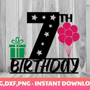 May include: Black and white graphic design of the number 7 with stars, the word "Birthday" and the number "7th" above it. There are pink balloons with strings tied together and a green gift box below the number 7.