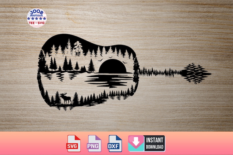 May include: Black guitar-shaped design featuring a forest scene with a sunset, lake, and deer silhouette. The design includes the text "JOOB BOUTIQUE TEE-SVG" in a circular logo. Includes SVG, PNG, and DXF file formats.